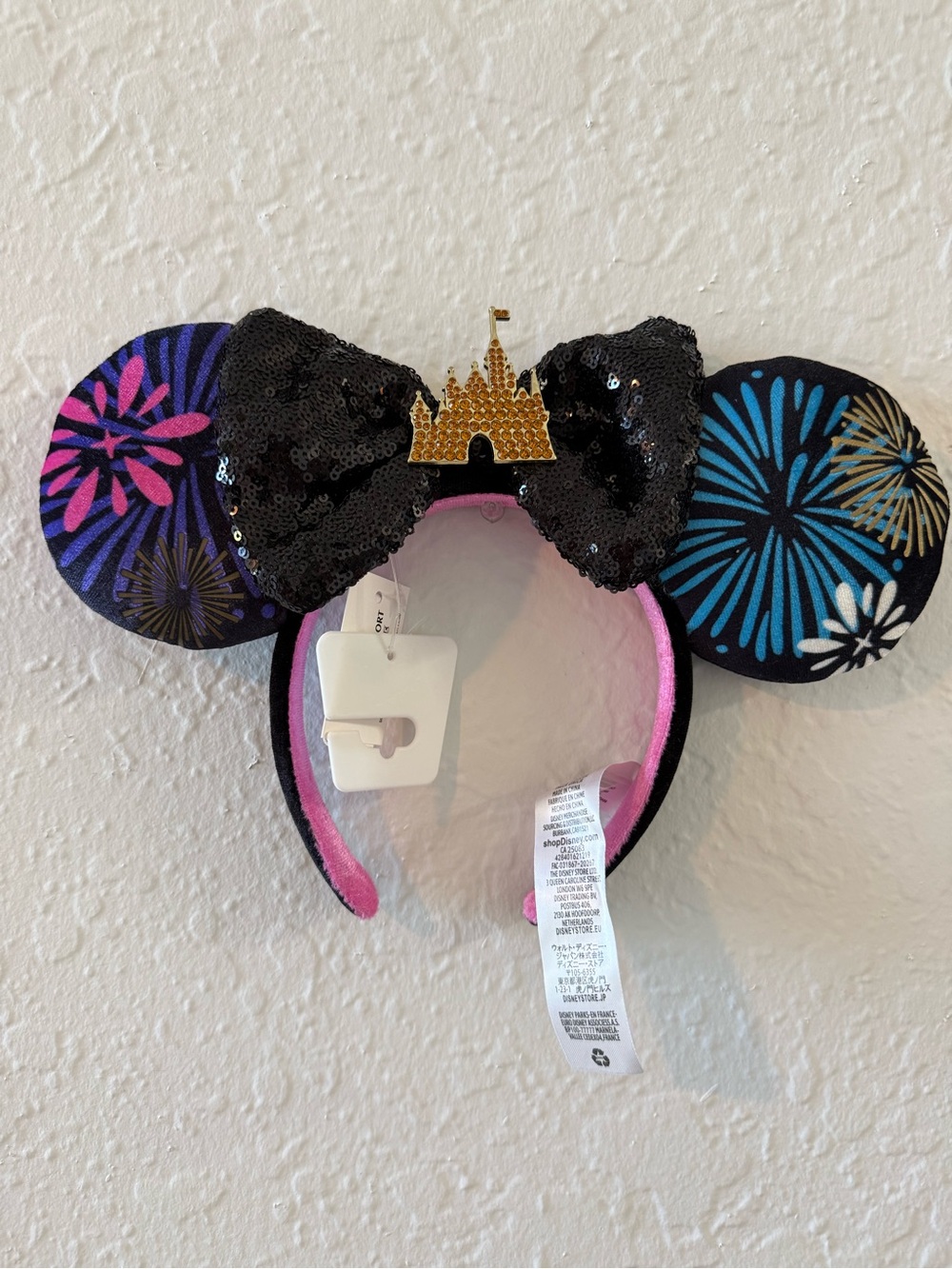 Disney Black Sequin Bow Firework Ears Headband with Gold Castle Pin
